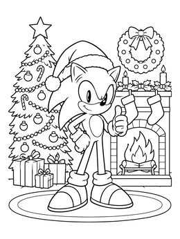 A hedgehog christmas coloring page featuring a blue hedgehog in a Santa hat by a cozy fireplace.