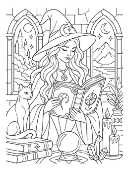 A sorceress reading a grimoire near arched windows in this gothic coloring page.