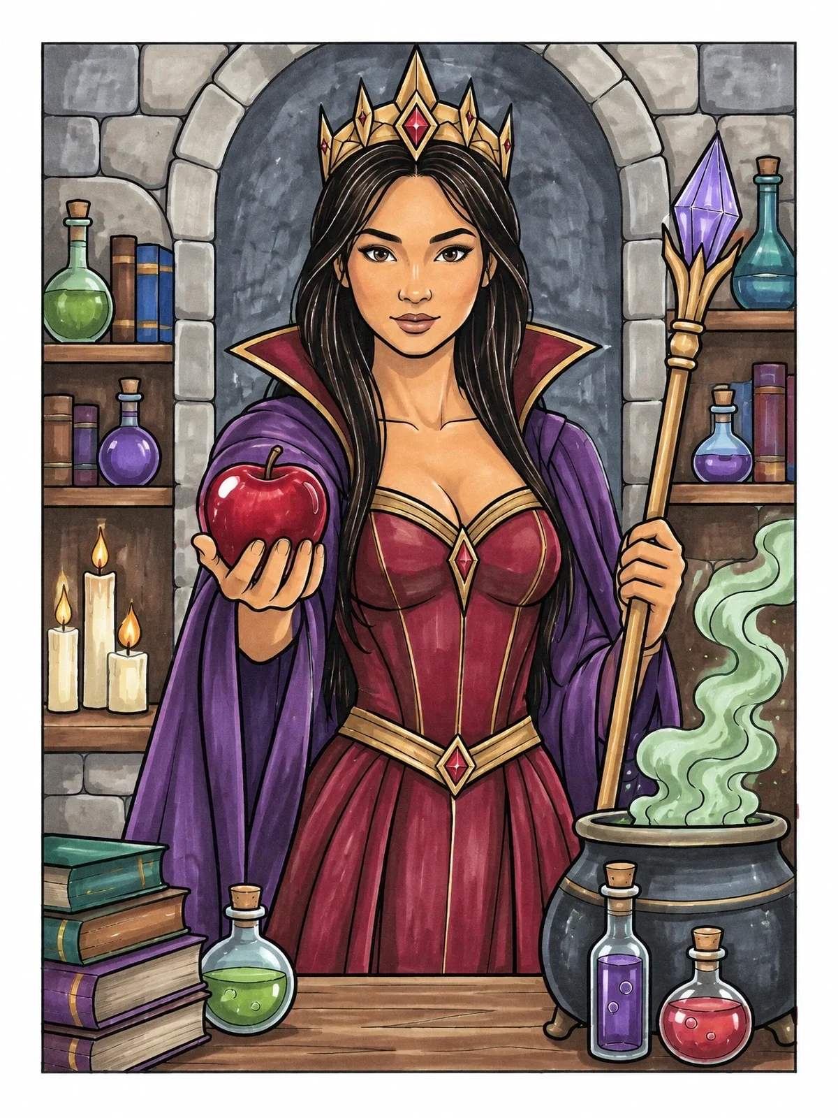 Colored example of the Sorceress Queen With Poison Apple coloring page