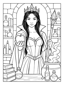 A sorceress queen coloring page showing an apple, scepter, and steaming cauldron.