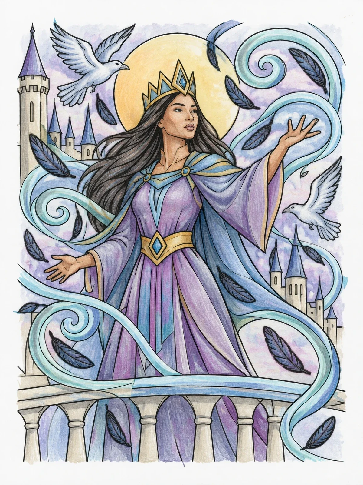 Colored example of the Sorceress Queen On Balcony coloring page