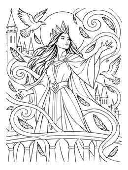 A sorceress queen coloring page showing her commanding magical wind and birds from a castle balcony.