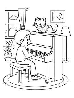 Free printable Boy Playing Piano With Cute Cat coloring page