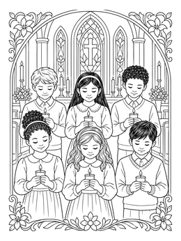 A peaceful soul coloring page showing children holding small candles inside a church with stained glass.