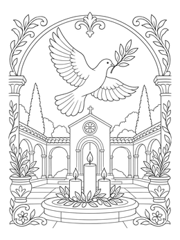 A serene dove flying over courtyard candles on this soul coloring page.