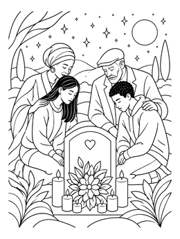 A family gathered in remembrance at night on this soul coloring page.