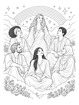 A group of calm people sitting in clouds beneath a rainbow in this soul coloring page.
