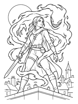 A rooftop guardian faces a shadowy phantom in this soul coloring page.