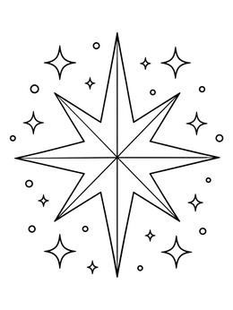 A radiant eight-pointed star featured in this soul coloring page surrounded by sparkling dots.
