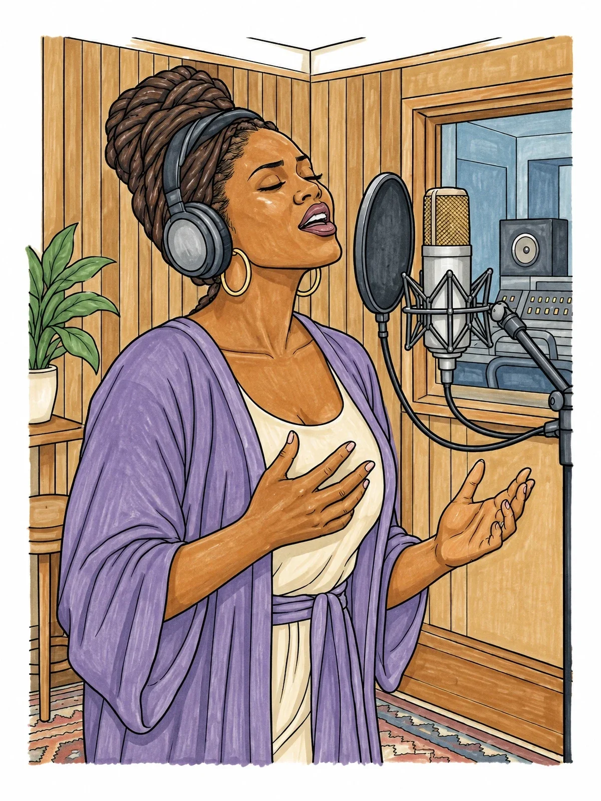Colored example of the Soul Singer In The Recording Studio coloring page