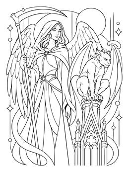 A gothic winged soul coloring page featuring an apprentice reaper standing beside a perched gargoyle.