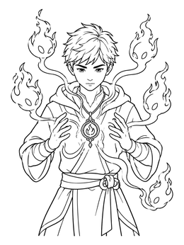 A mystical young mage controls magical flame spirits in this soul coloring page.