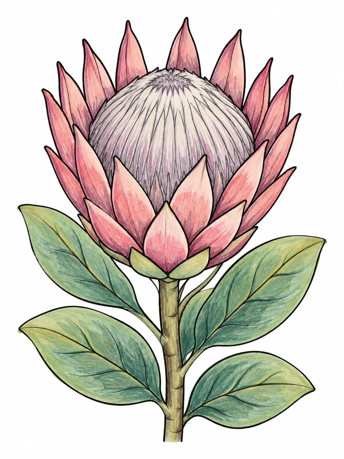 Colored example of the Blooming King Protea Flower coloring page