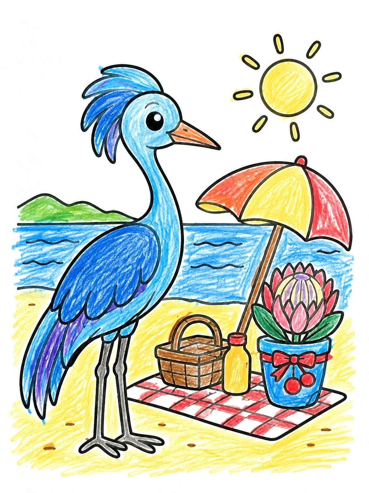 Colored example of the Blue Crane Beach Picnic coloring page