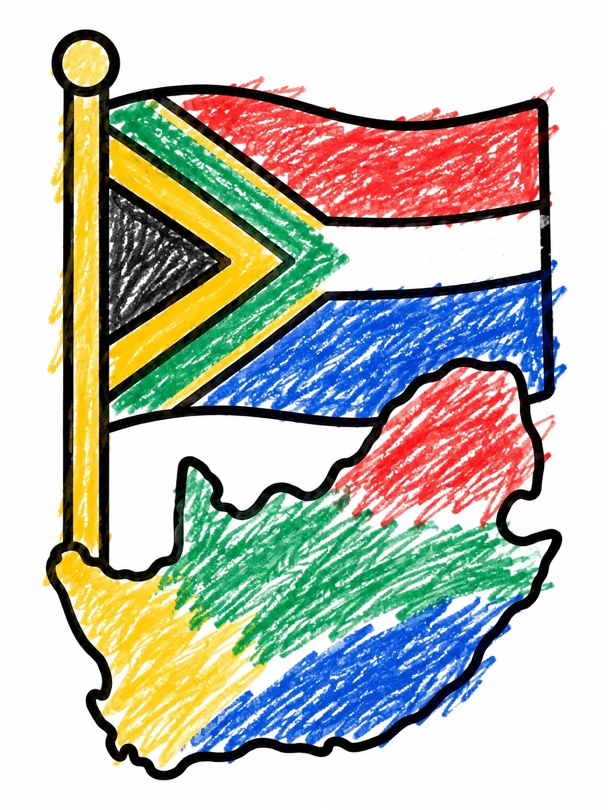 Colored example of the South Africa Flag And Map Outline coloring page