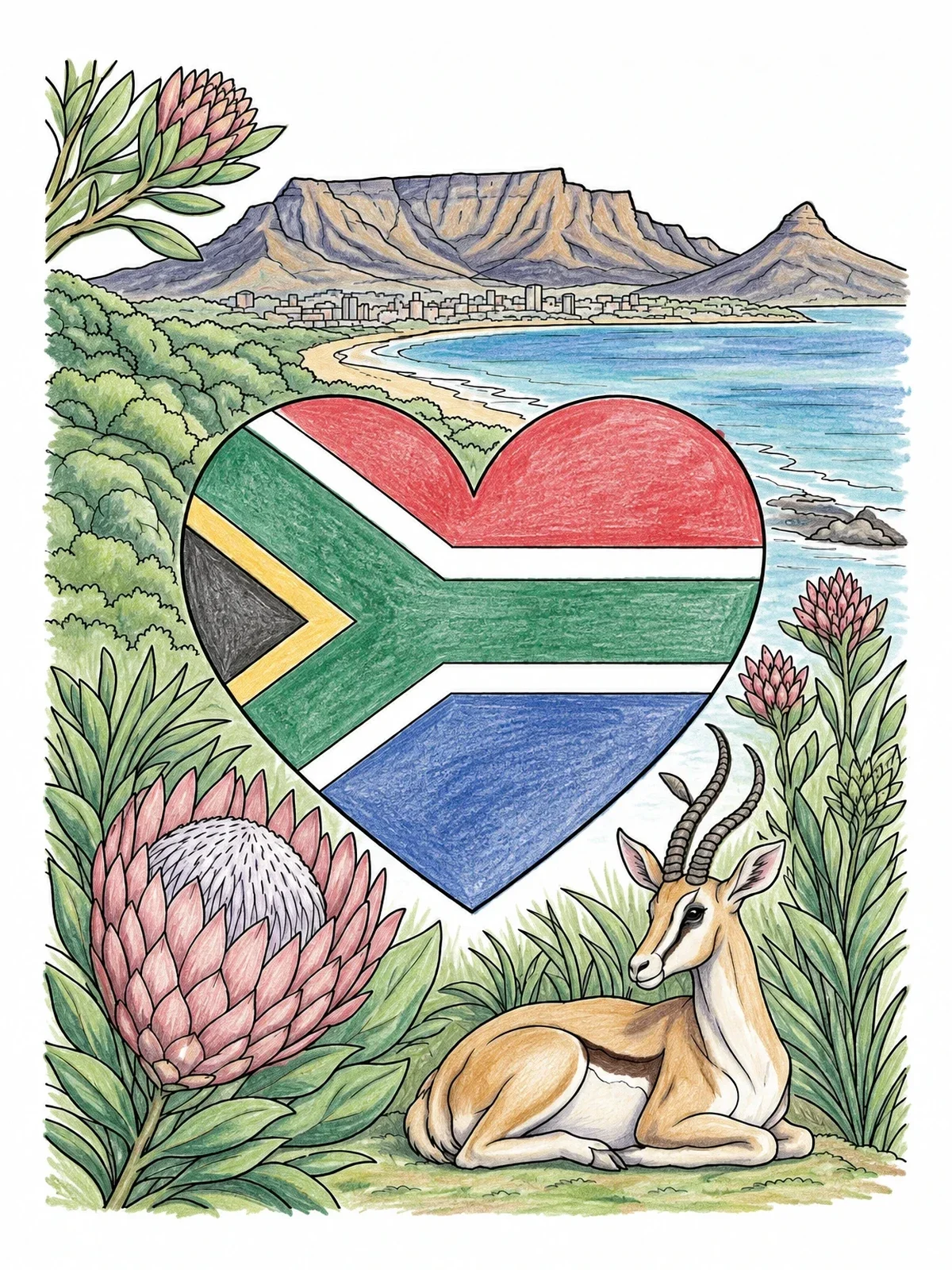 Colored example of the South Africa Flag Heart And Scenery coloring page