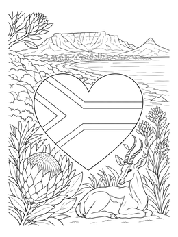 A detailed south africa coloring page showing a heart flag, Table Mountain, king protea, and springbok.