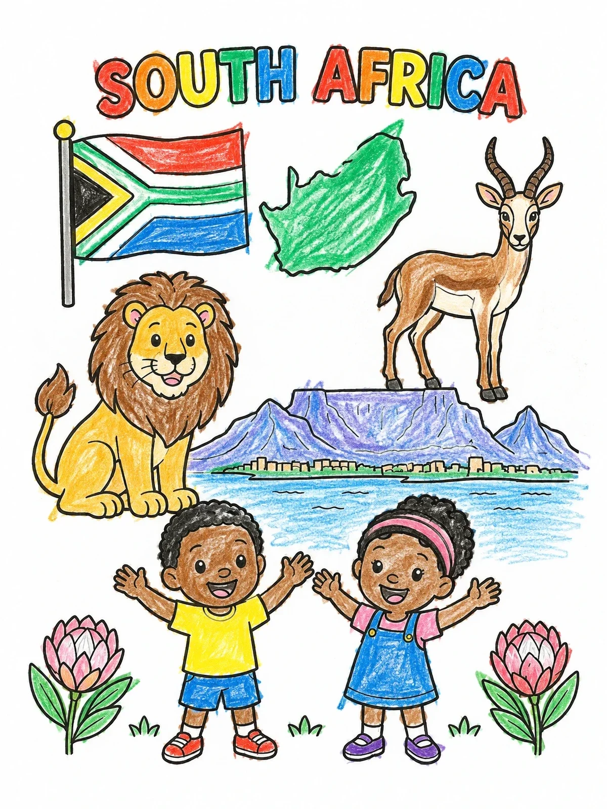 Colored example of the South Africa Landmarks And Wildlife Collage coloring page