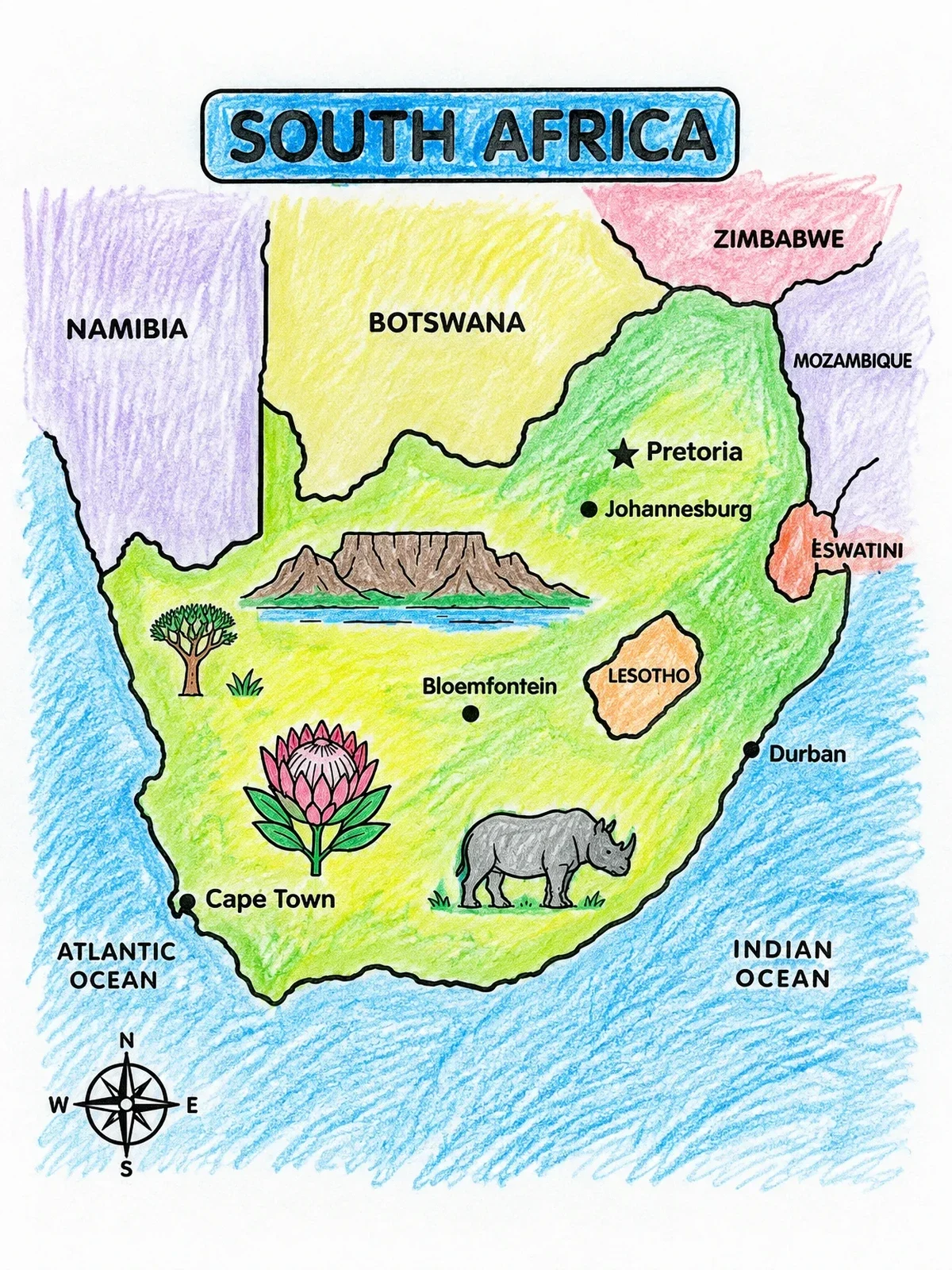 Colored example of the South Africa Map With Icons coloring page