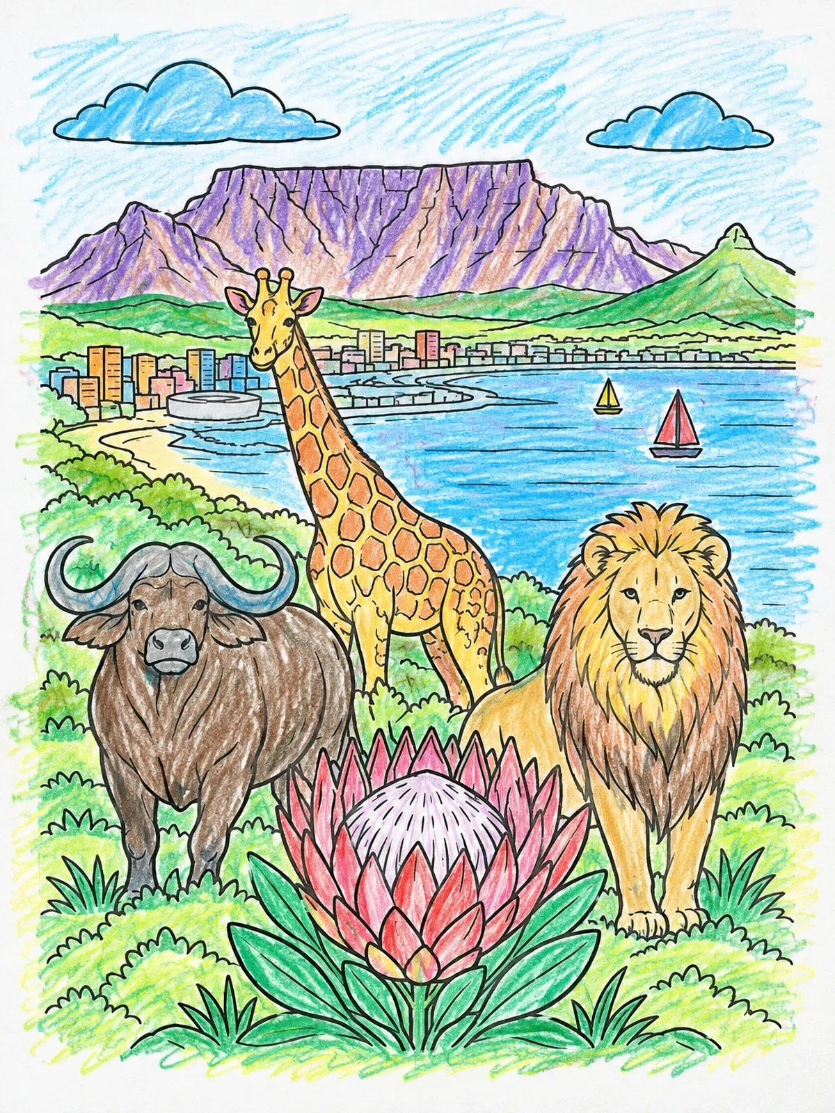 Colored example of the South Africa Landscape With Wildlife And Protea coloring page