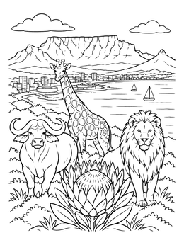 Free printable South Africa Landscape With Wildlife And Protea coloring page