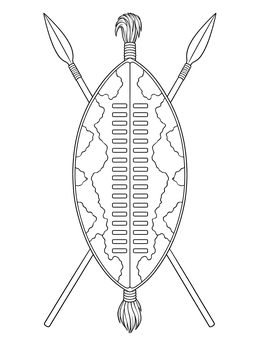 A traditional Zulu cowhide shield and crossed spears featured in this South Africa coloring page.
