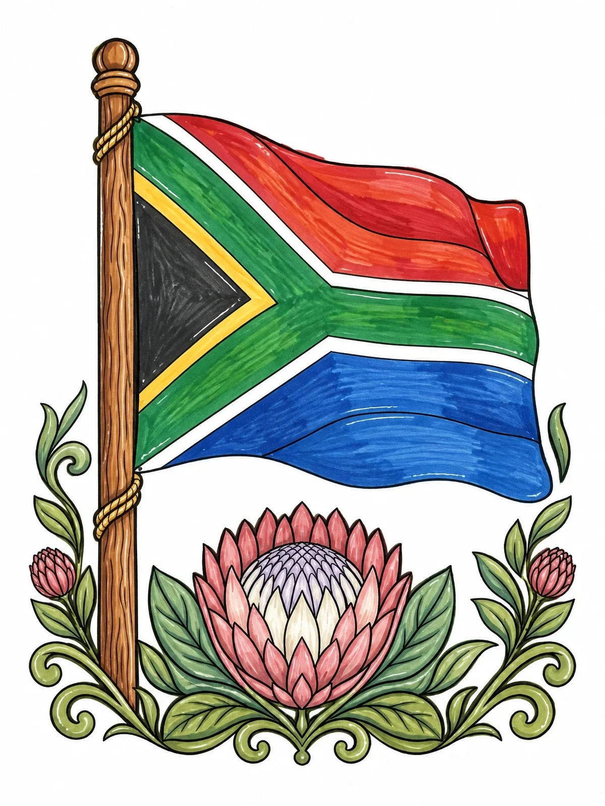 Colored example of the South African Flag With King Protea coloring page