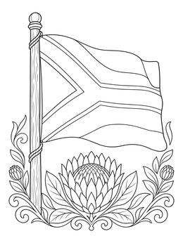 A South Africa coloring page showing the national flag waving on a pole above blooming king protea flowers.