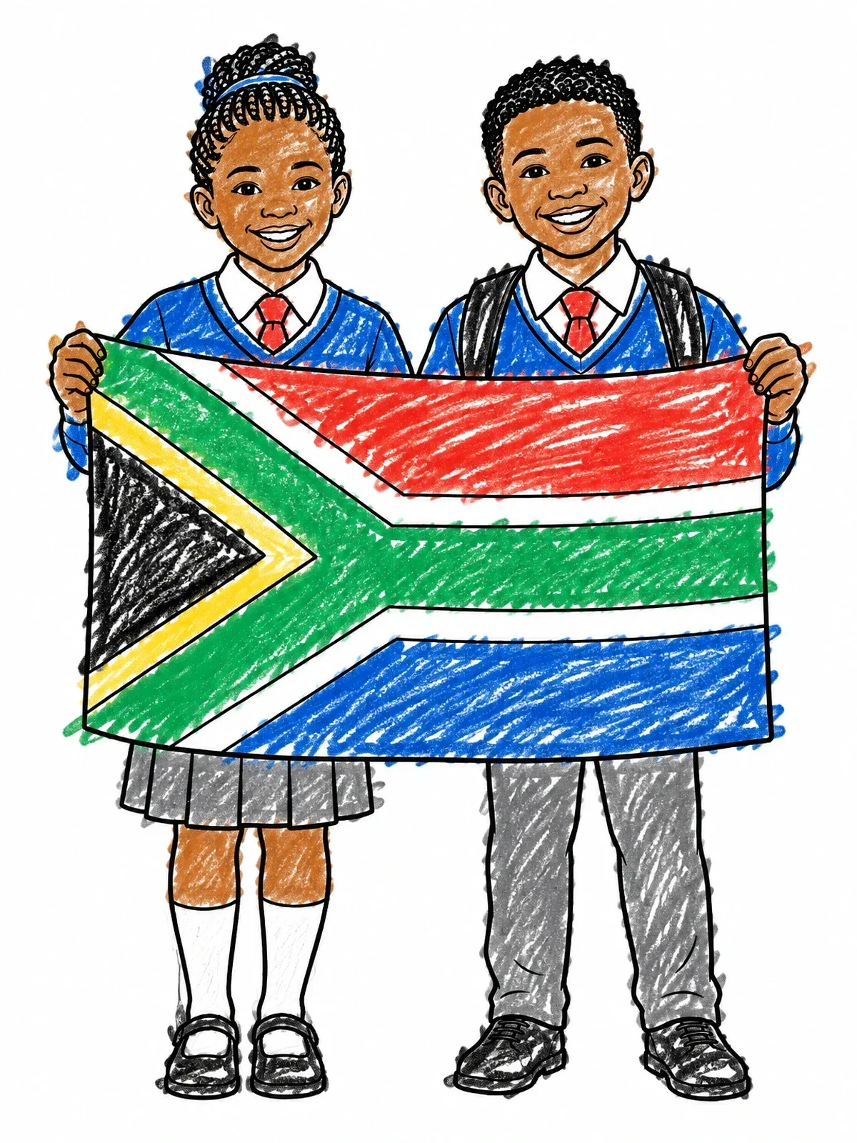 Colored example of the Smiling Students Holding South African Flag coloring page