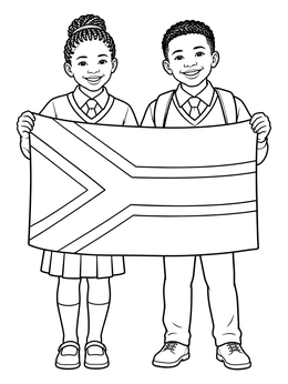 Free printable Smiling Students Holding South African Flag coloring page