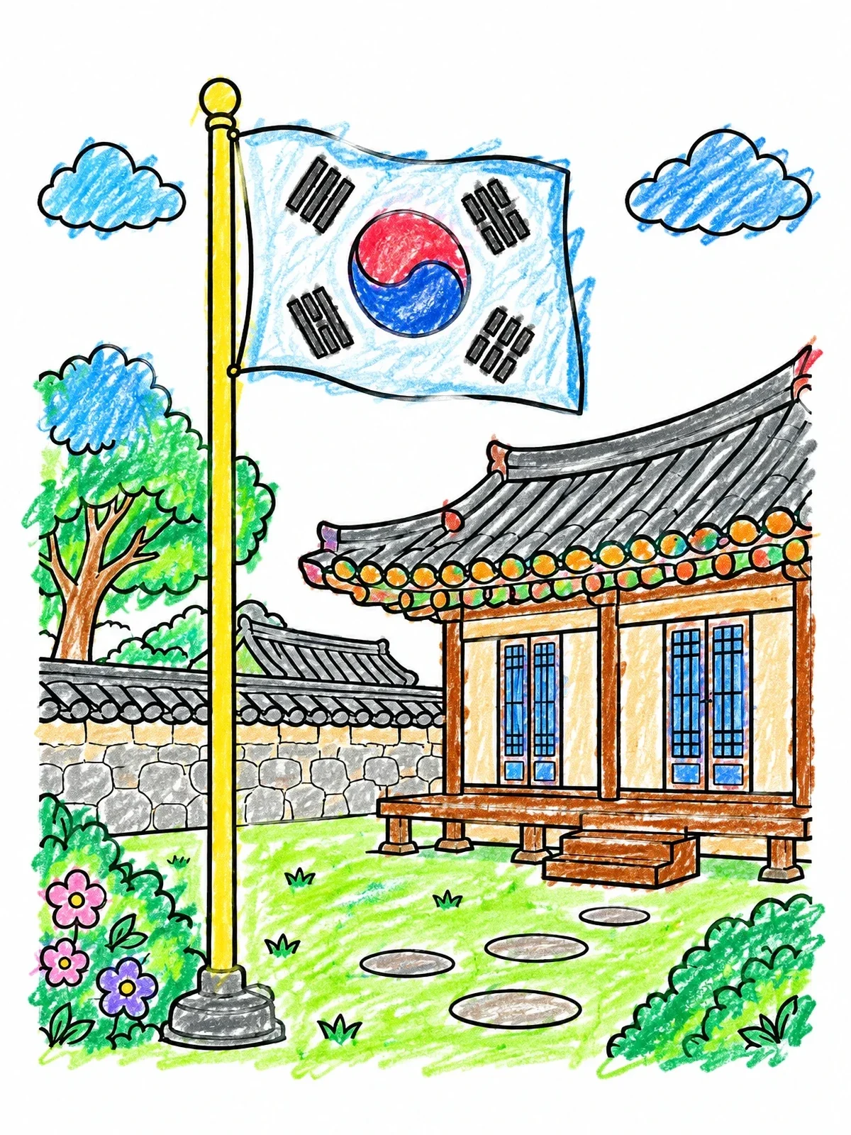Colored example of the South Korean Flag Beside Traditional Hanok coloring page