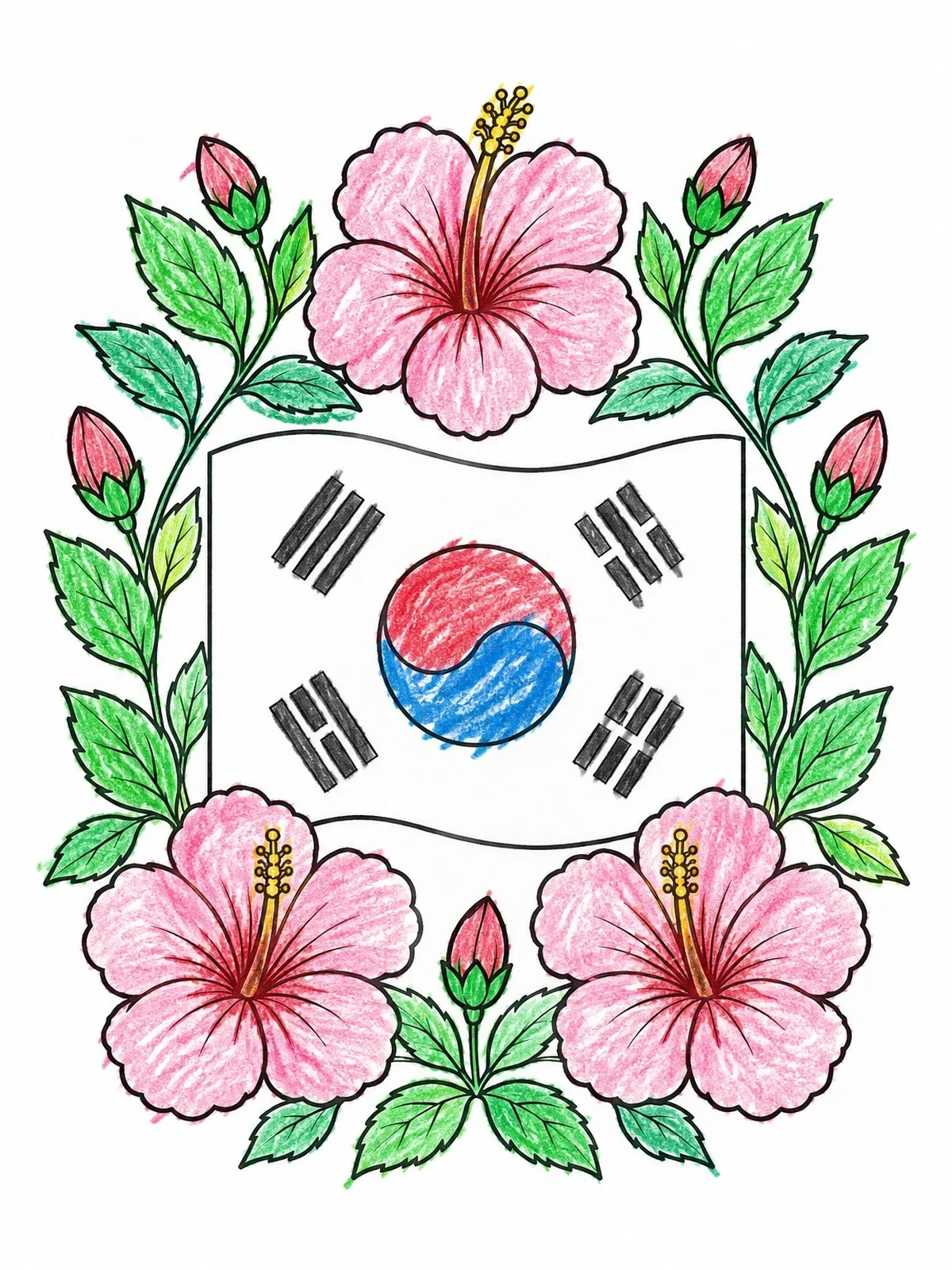 Colored example of the South Korean Flag With Hibiscus Frame coloring page