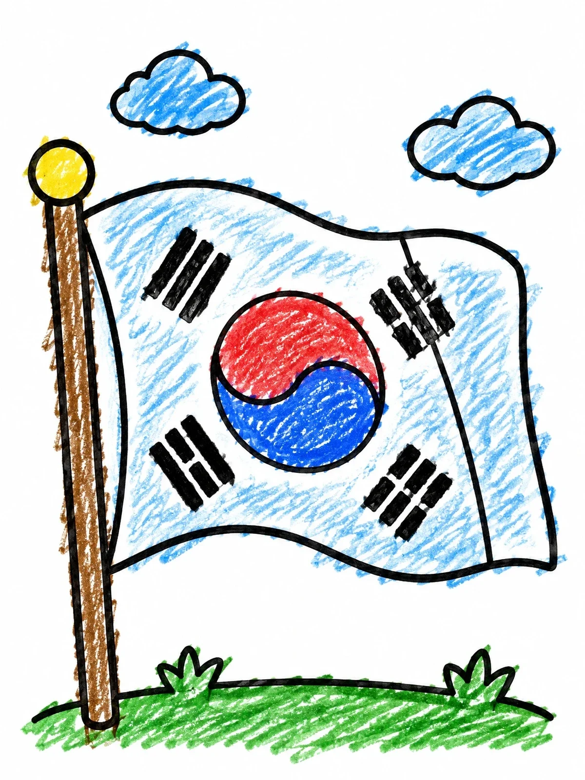 Colored example of the South Korean Flag Waving Outdoors coloring page