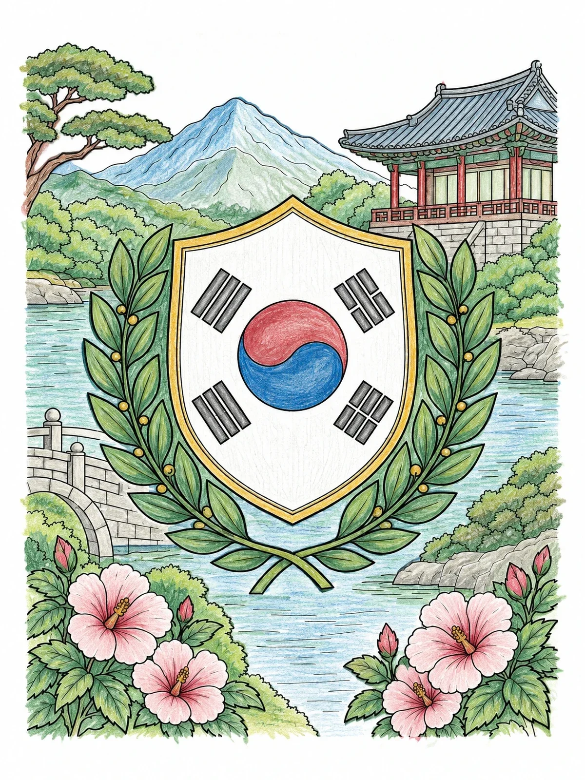 Colored example of the Korean Flag Emblem With Scenic Landscape coloring page