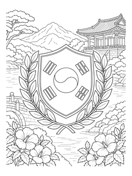 A Korea coloring page featuring a national emblem framed by laurel leaves and traditional scenery.
