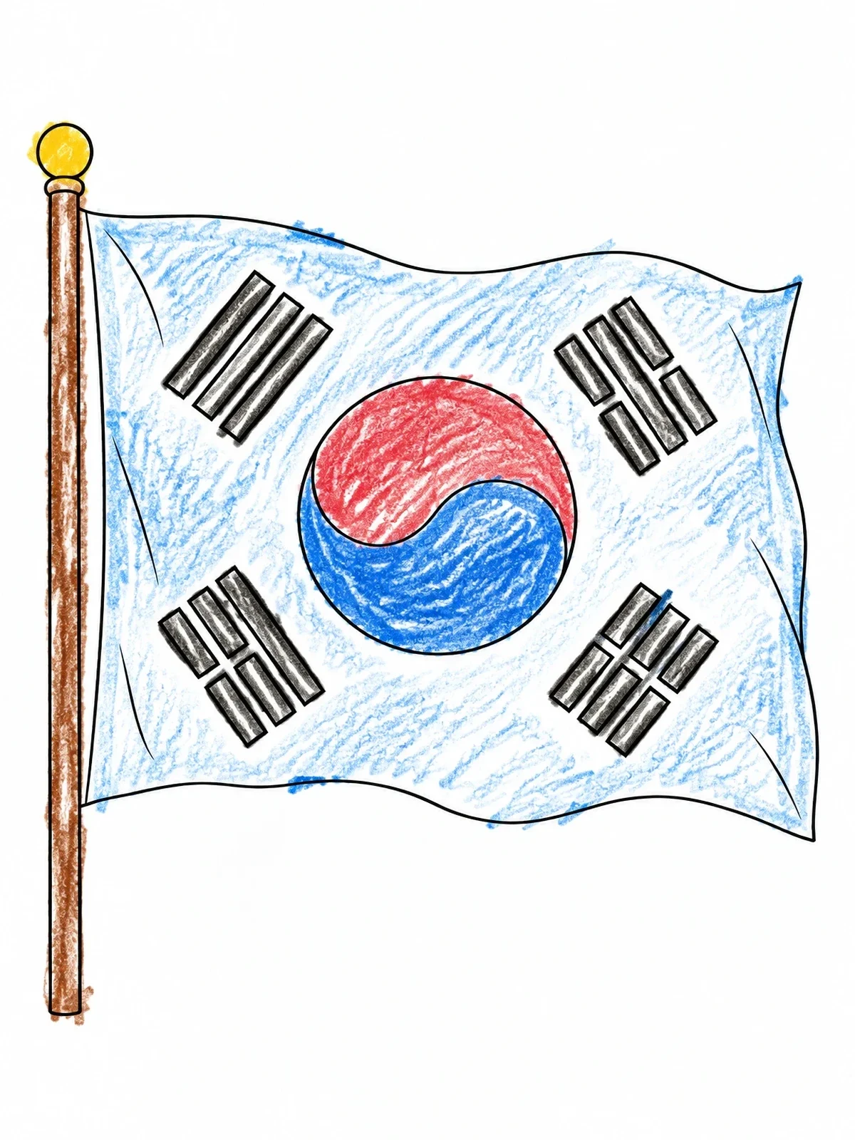 Colored example of the South Korean Flag On Pole coloring page