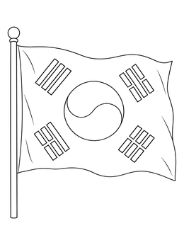 A waving South Korea coloring page showing the national Taegeukgi flag on a pole.