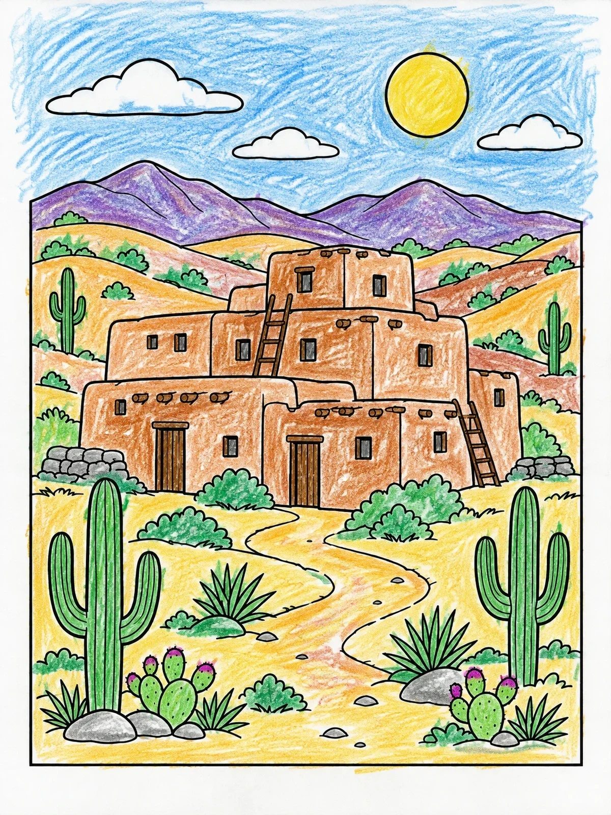 Colored example of the Adobe Pueblo In Desert Hills coloring page