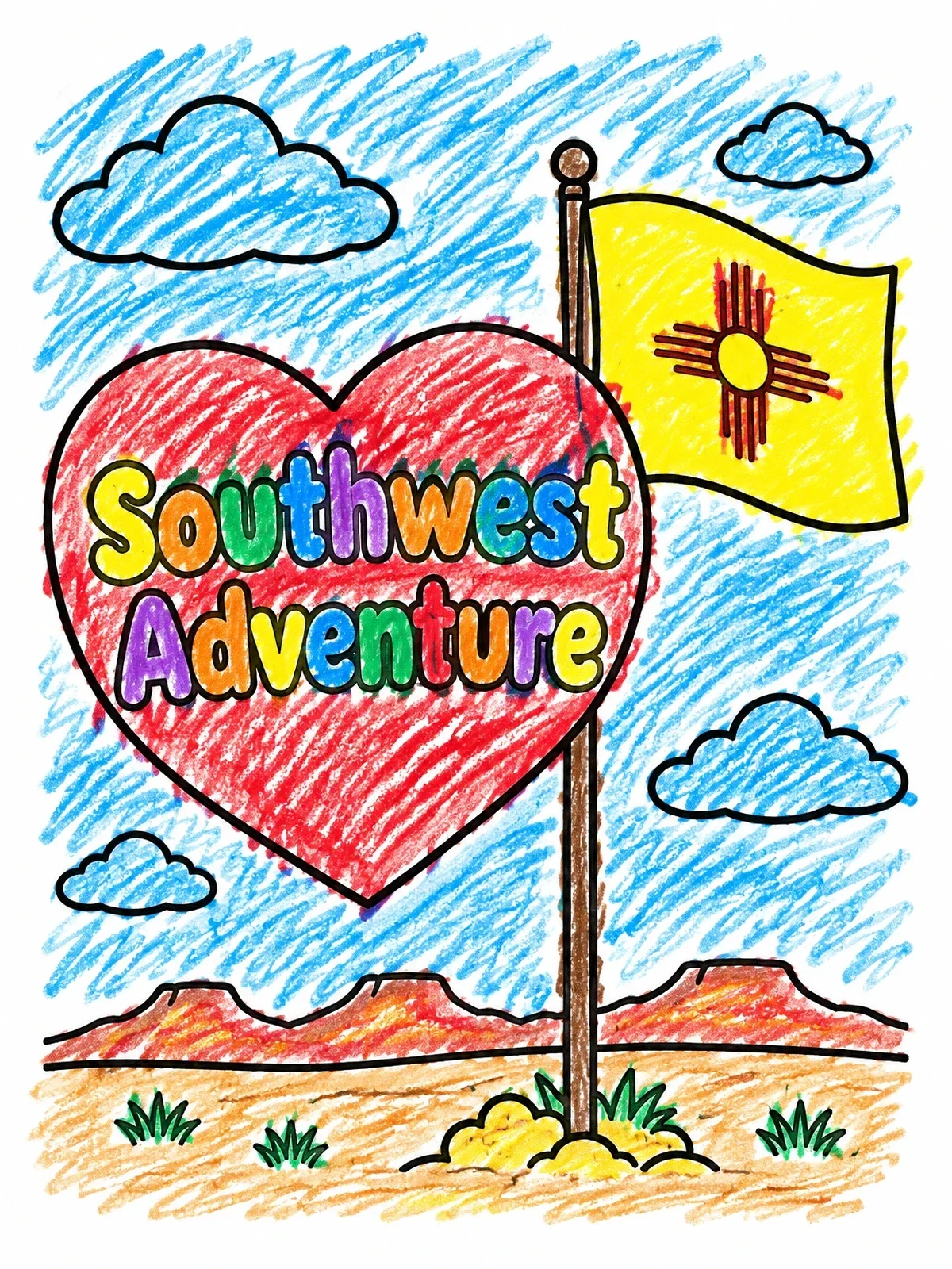 Colored example of the Southwest Adventure New Mexico Flag coloring page