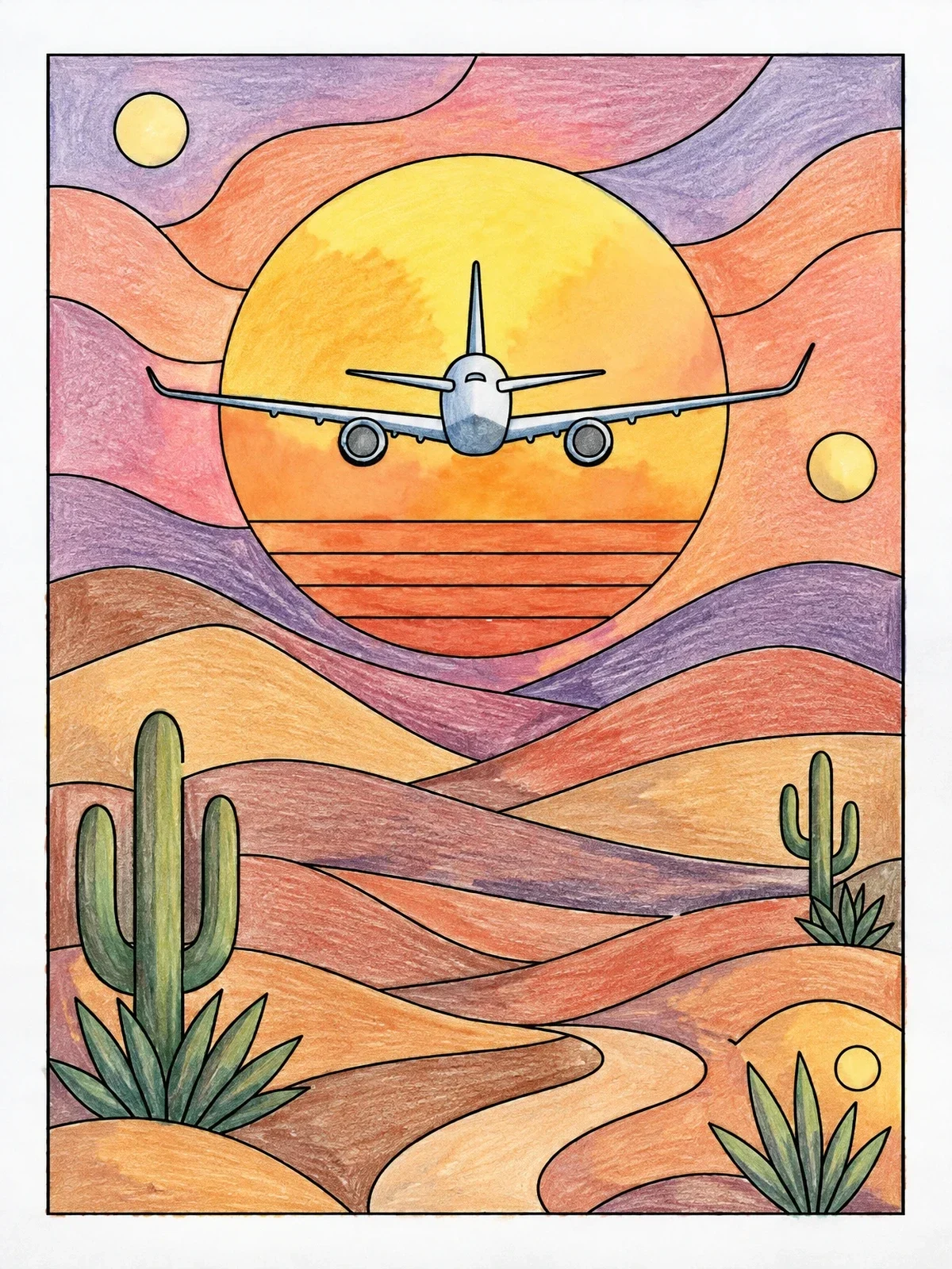 Colored example of the Airplane Flying Over Desert Sunset coloring page