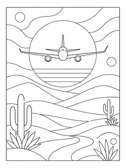A passenger airplane flies over rolling desert hills in this southwest coloring page.