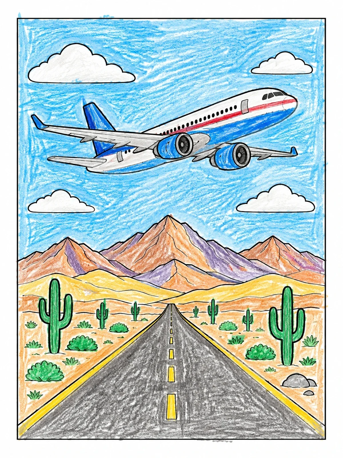 Colored example of the Airplane Flying Over Desert Highway coloring page