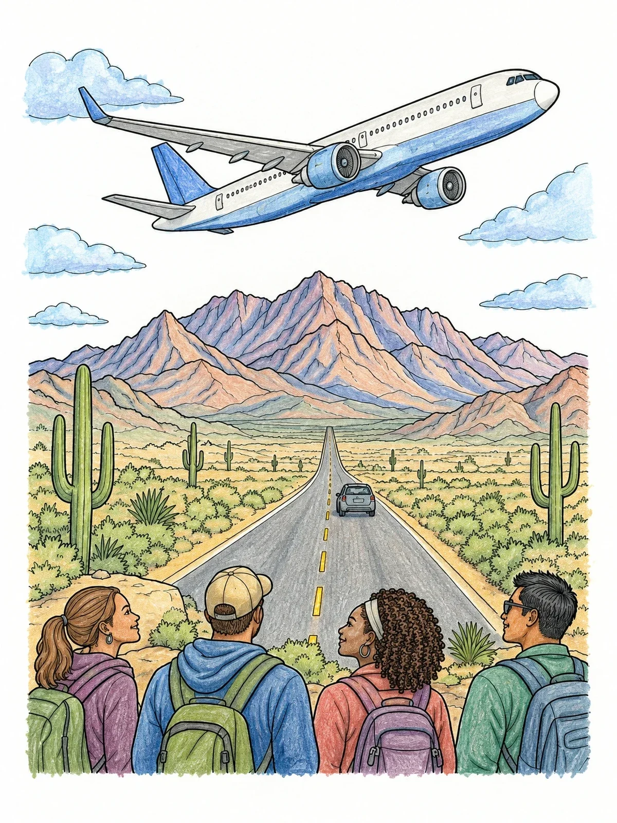 Colored example of the Hikers Watching Plane Over Desert Highway coloring page