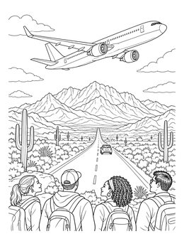 A group watches an airplane fly over a road on this southwest coloring page.