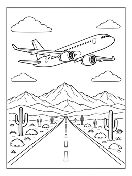 Free printable Airplane Flying Over Desert Highway coloring page