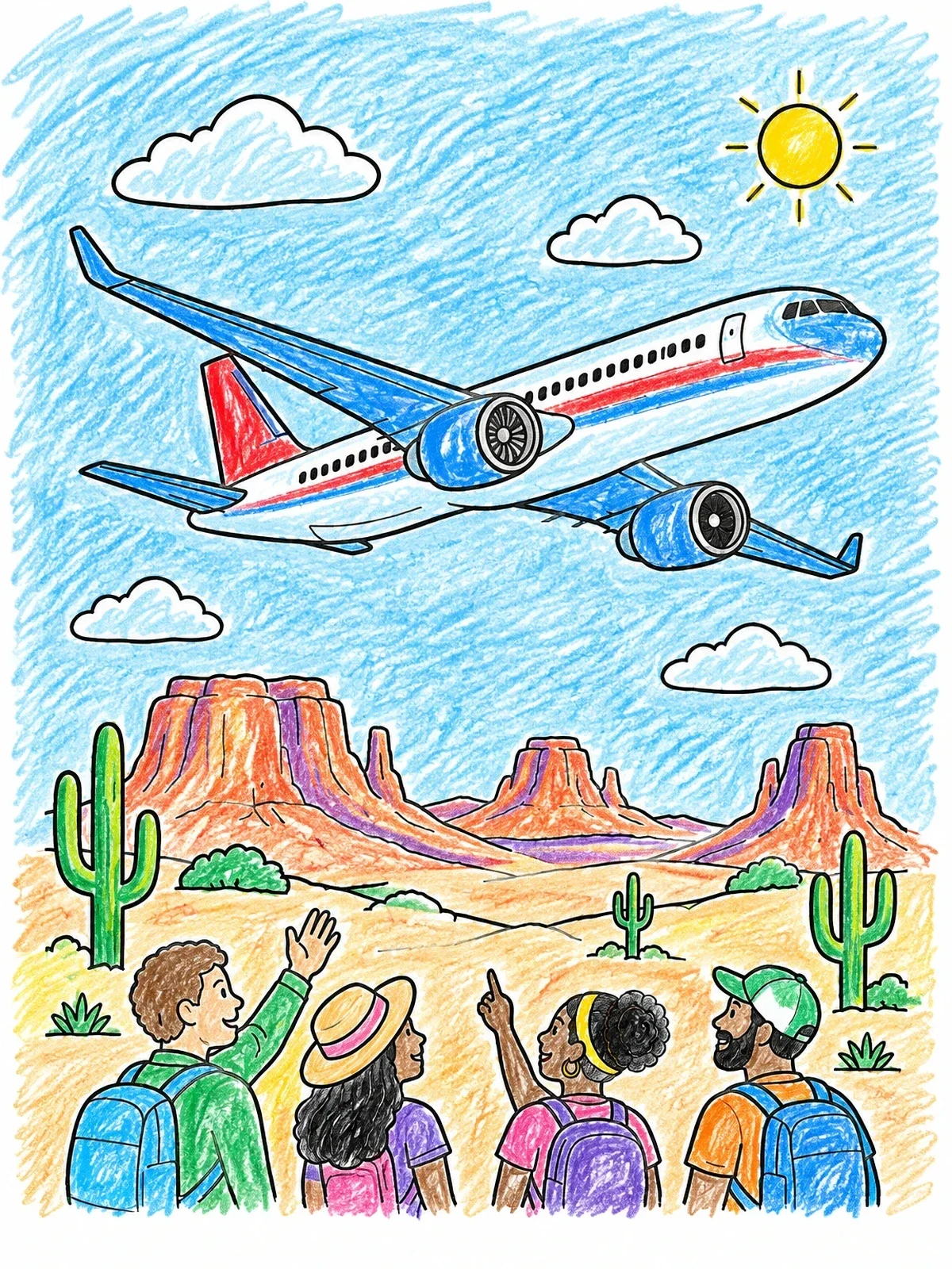 Colored example of the Airplane Flying Over Desert Mesas coloring page