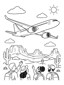Free printable Airplane Flying Over Desert Mesas coloring page