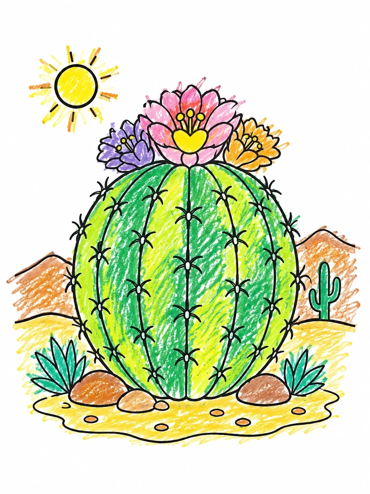 Colored example of the Blooming Barrel Cactus In The Desert coloring page