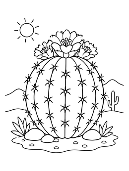 Free printable Blooming Barrel Cactus In The Desert coloring page