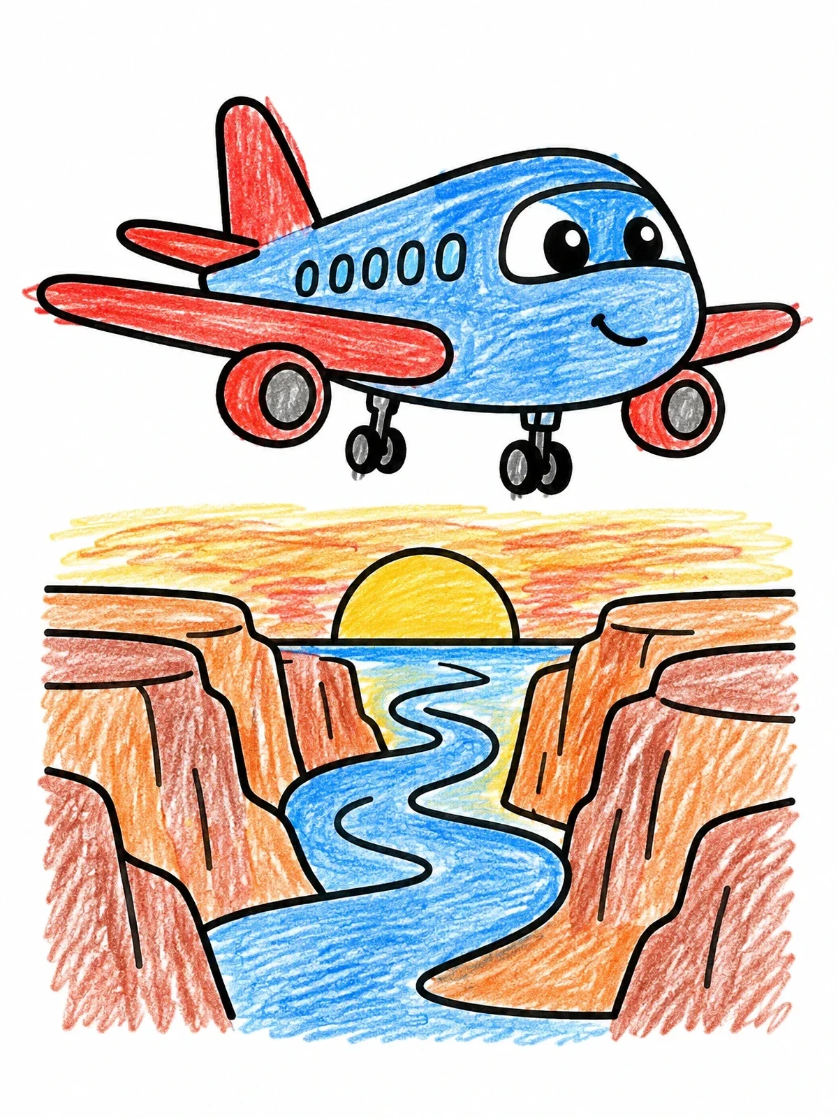 Colored example of the Cute Airplane Over Canyon Sunset coloring page